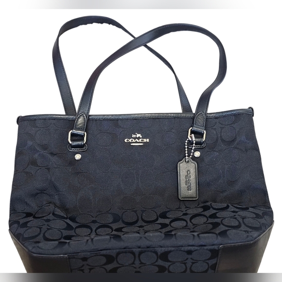 Coach Top Zip Black Signature Monogram Tote with Leather Trim, Horse & Carriage - Picture 10 of 14